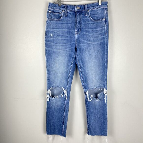 ⭐️ Madewell The Slim Boy Jeans Hi Rise Medium Wash Sz 26 Distressed Knees Causal - Picture 1 of 9